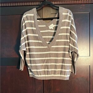 Anthropologie Kenji Gray and White Striped V-Neck Sweater L